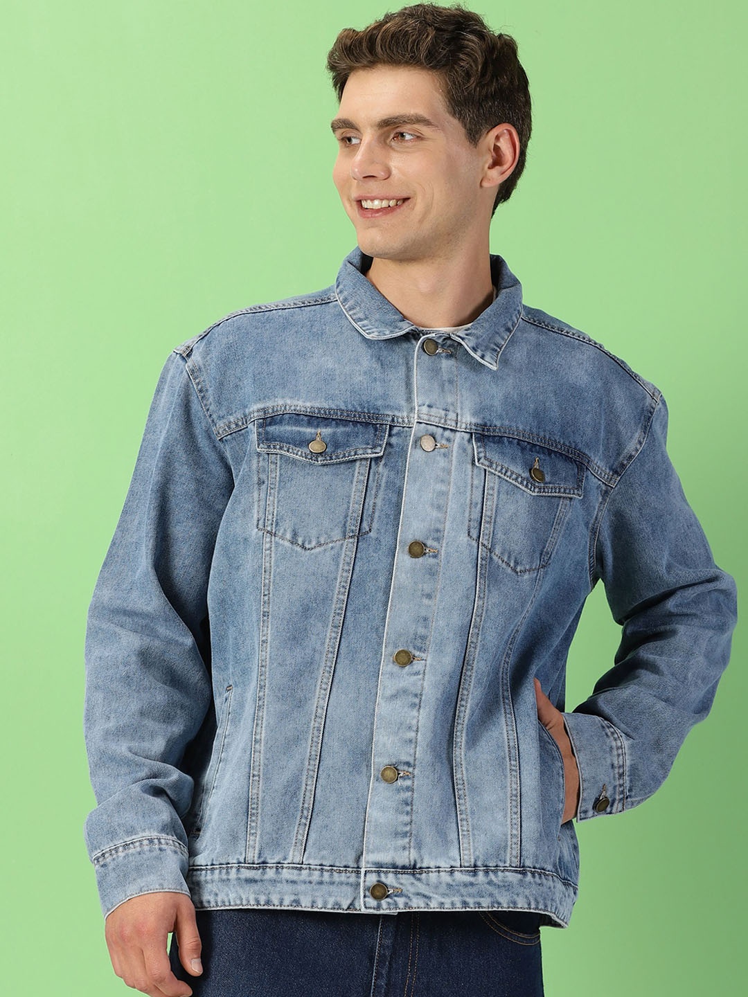 

THIRD QUADRANT Men Washed without Longline Denim Jacket with Embroidered, Blue