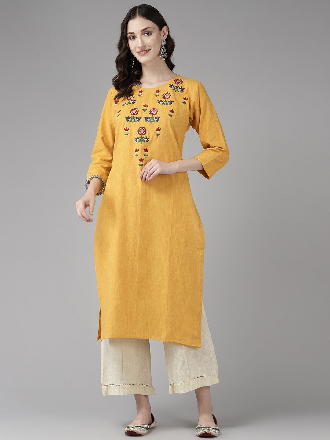 

BAESD Floral Embroidered Cotton Straight Kurta, Yellow