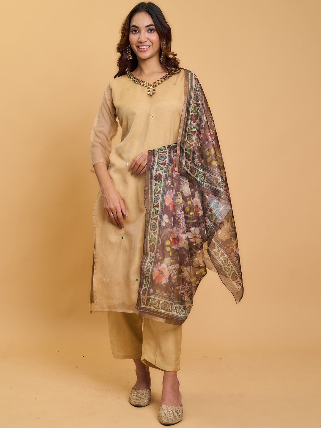 

KALINI Ethnic Motifs Embroidered Kurta With Trousers & Dupatta, Beige