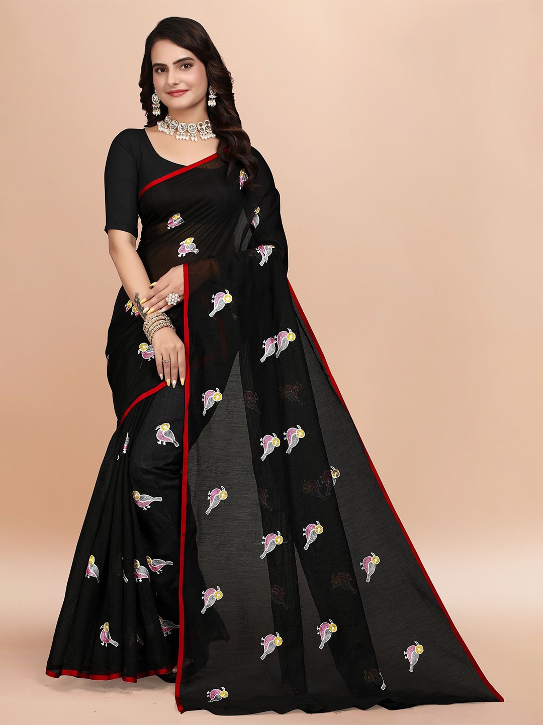 

APNISHA Ethnic Motifs Pure Cotton Chanderi Saree, Black