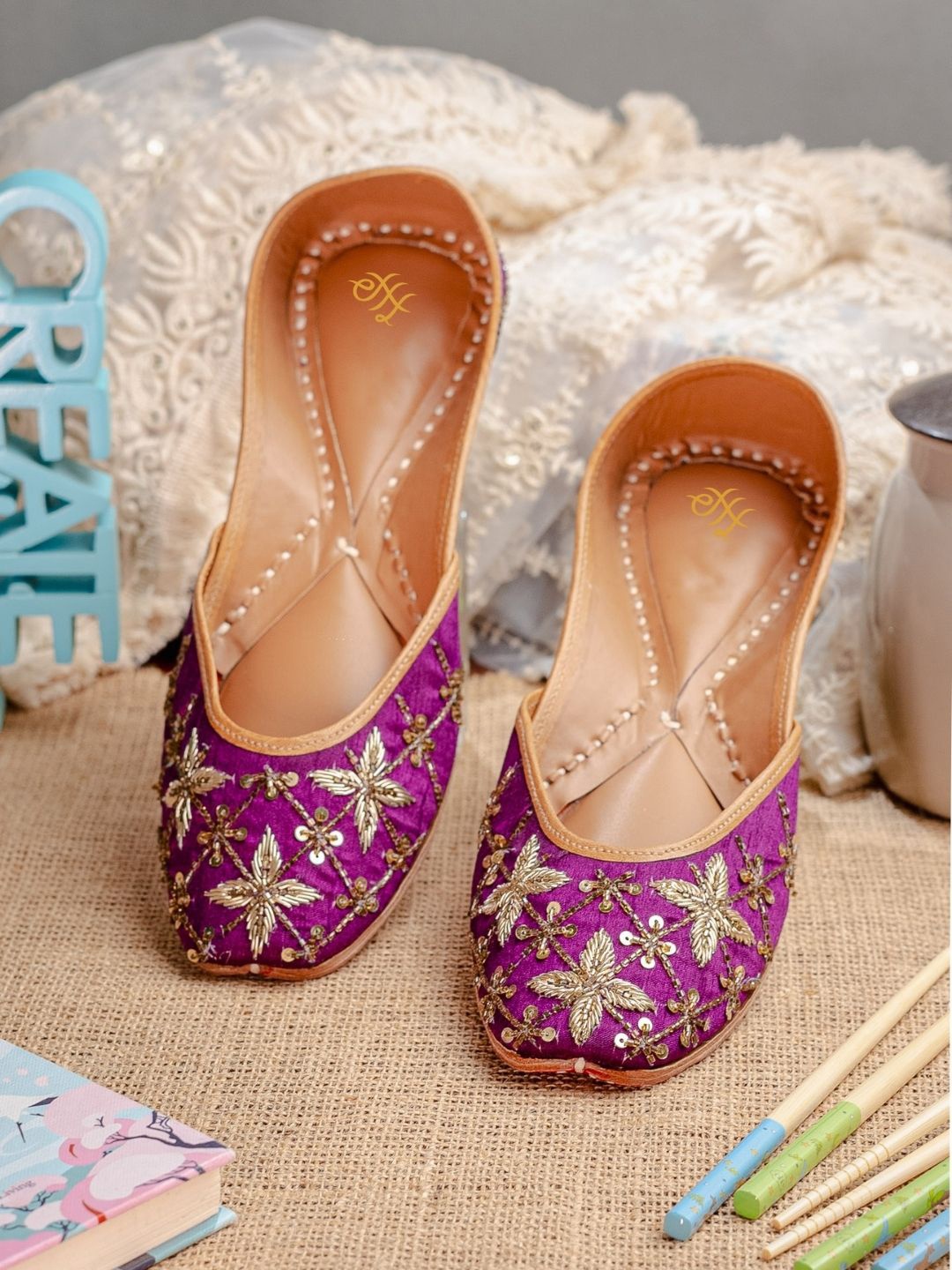 

House of Pataudi Women Hand Embroidered Leather Mojaris Flats, Violet