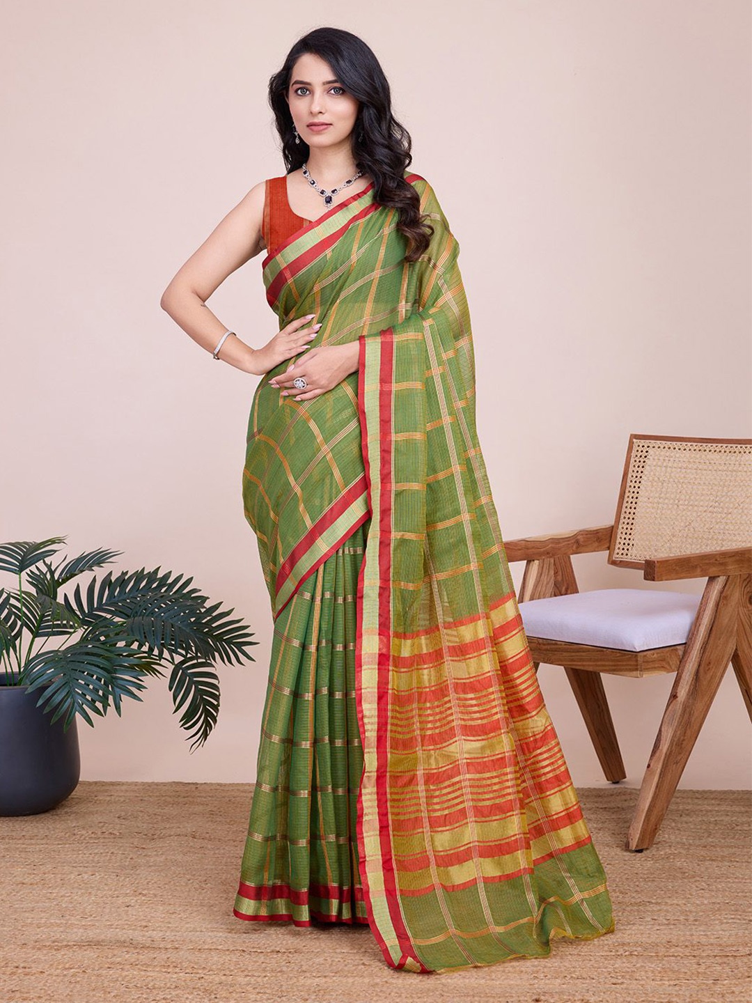 

Nimidiya Checked Zari Kota Saree, Green