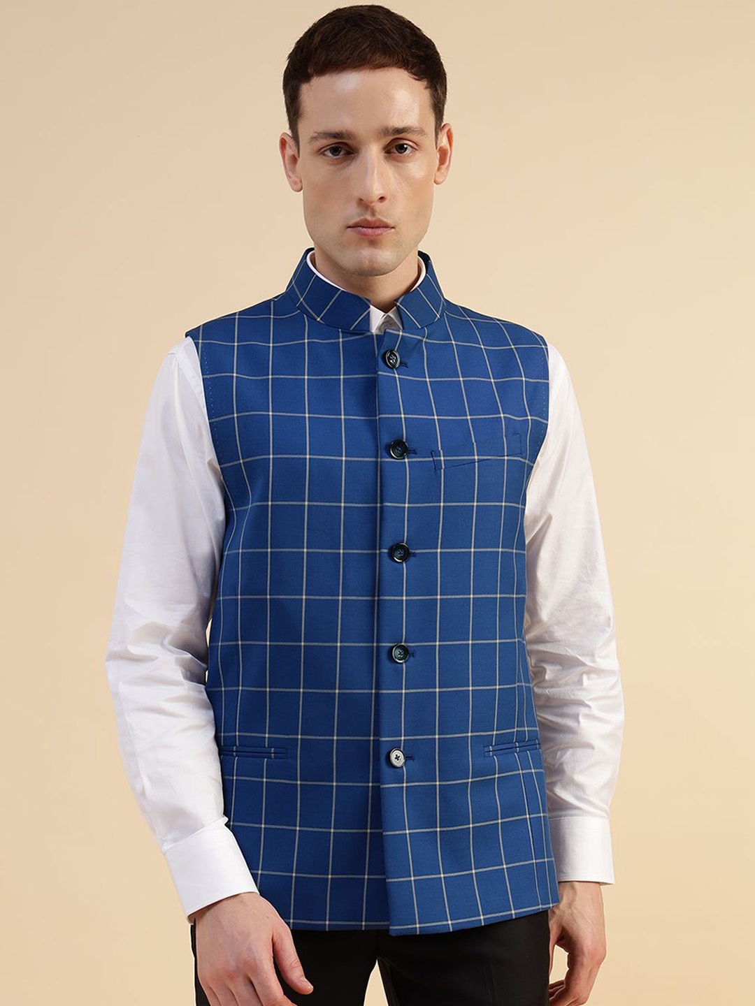 

Givo Men Checked Woven Nehru Jacket, Blue