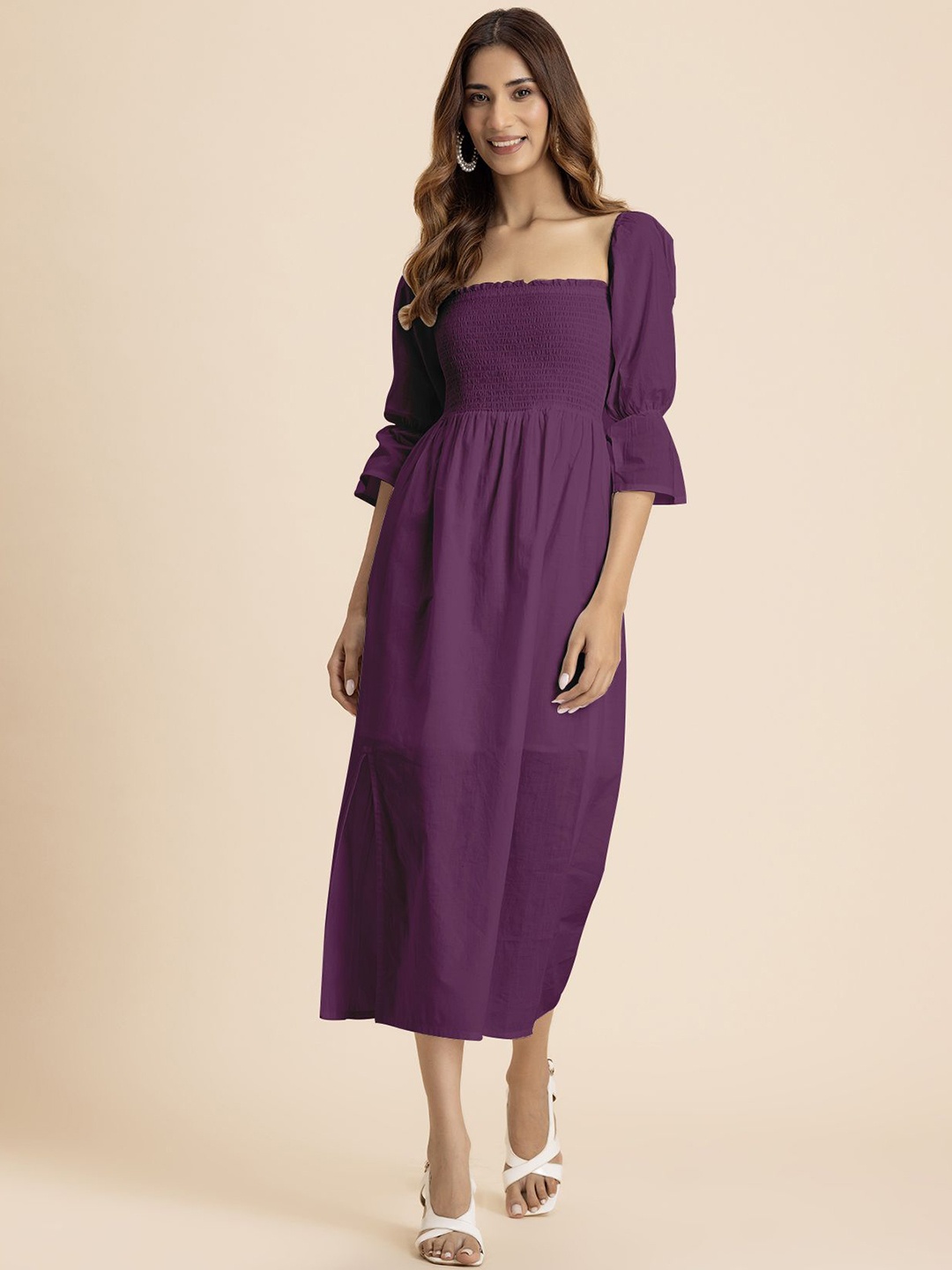 

Moomaya Women Solid Puff Sleeve A-Line Midi Dress, Purple