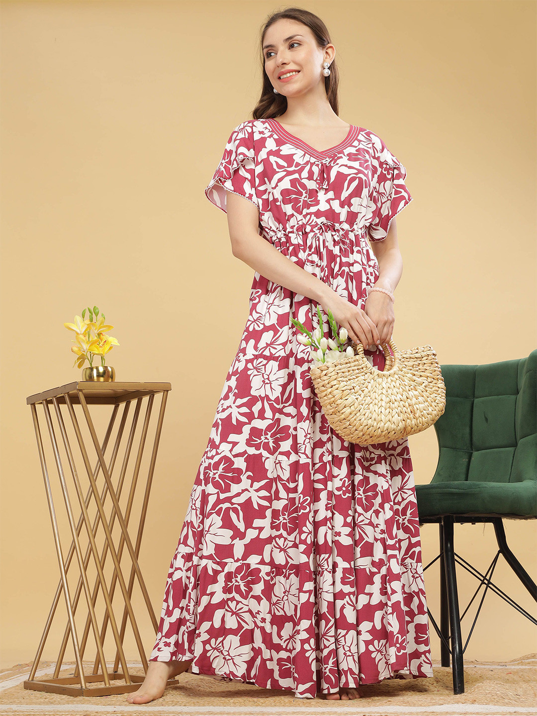 

9shines Label Women Floral Printed Pure Cotton Maxi Nightdress, Pink