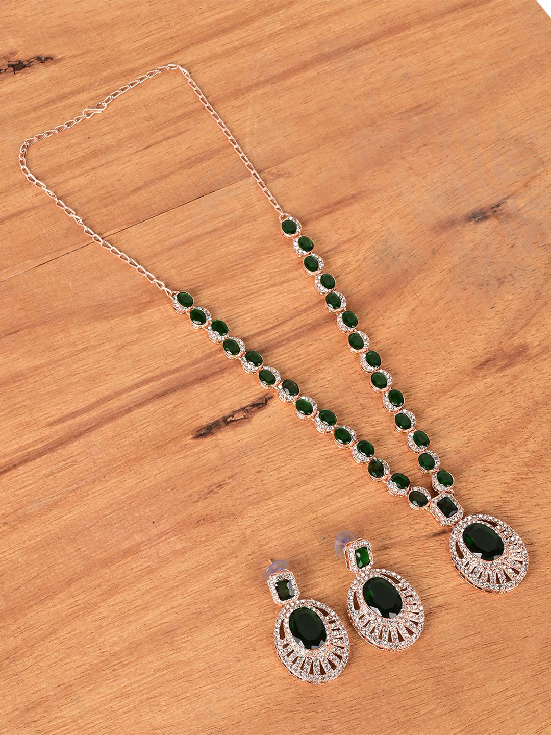 

Keviv Rose Gold Plated American Diamond Studded Necklace With Earrings, Green