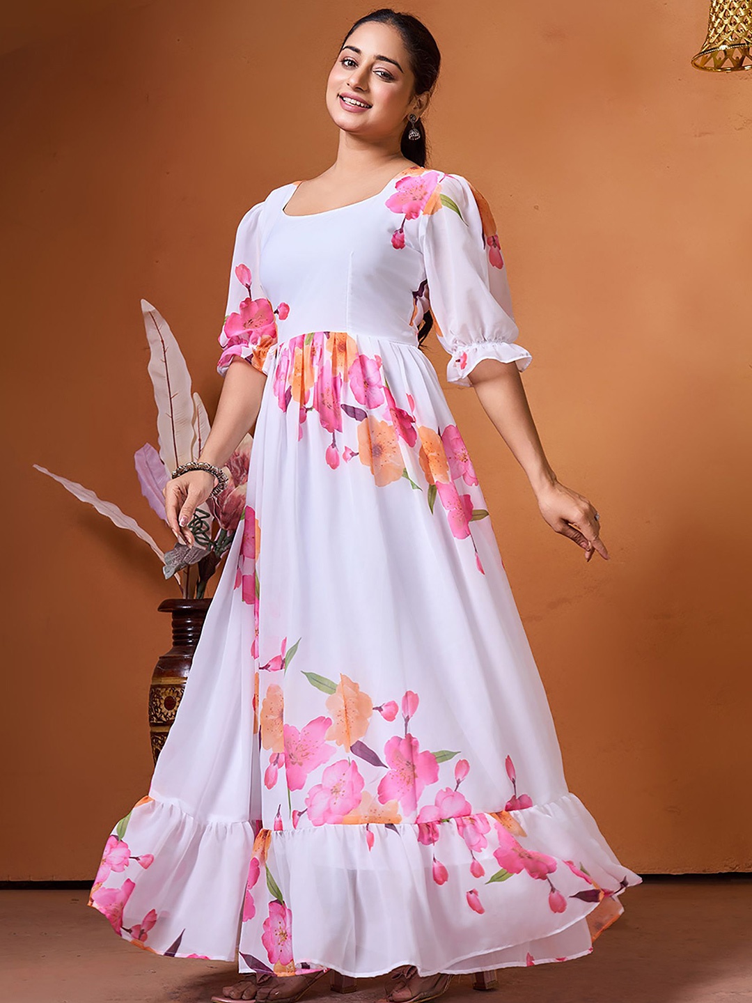 

BAESD Women Floral Printed Cuffed Slevees Fit & Flared Maxi Dress, White