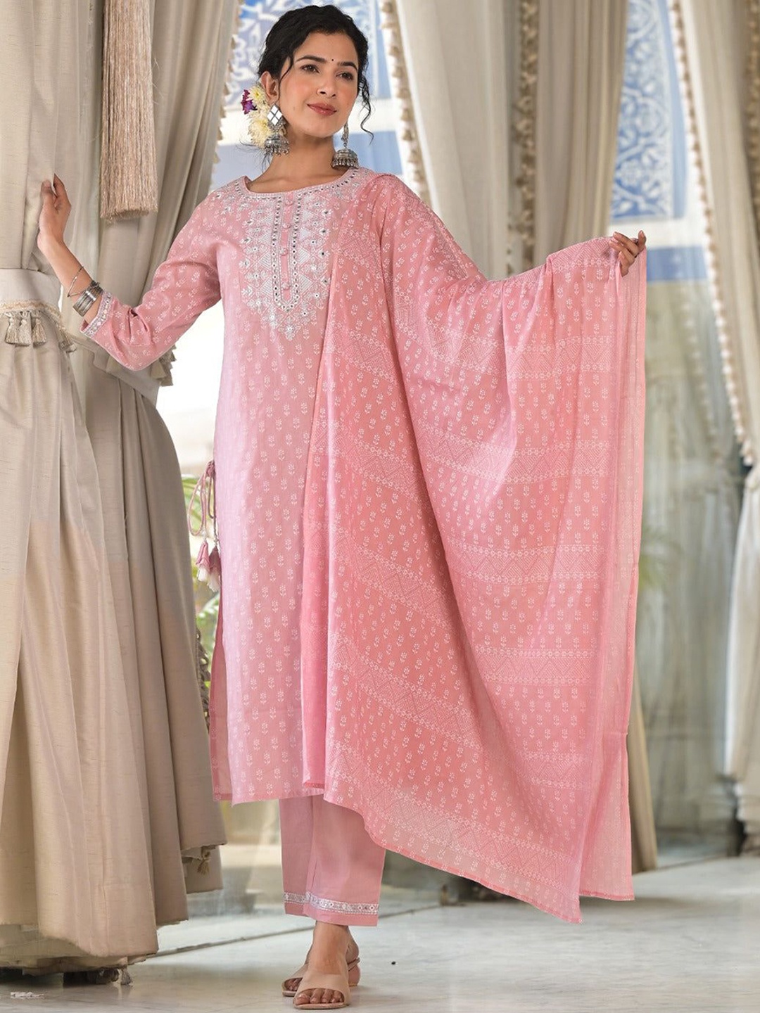 

AUTUMN LANE Ethnic Motifs Printed Mirror Work Pure Cotton Kurta With Trousers & Dupatta, Pink