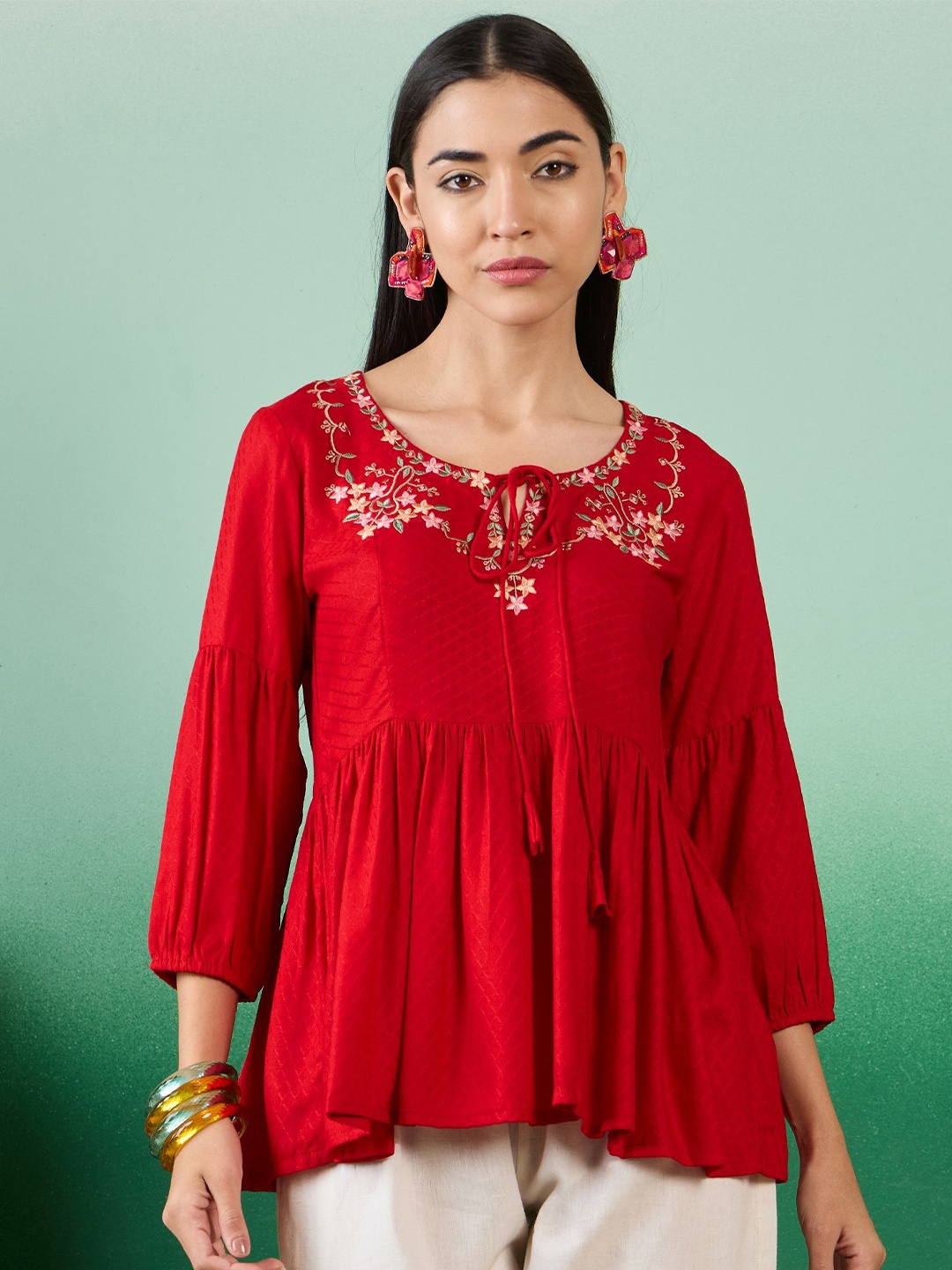 

Sangria Women Floral Embroidered Round Neck Top, Red