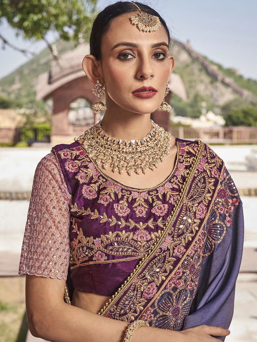 

Mitera Ethnic Motifs Sequinned Satin Saree, Pink