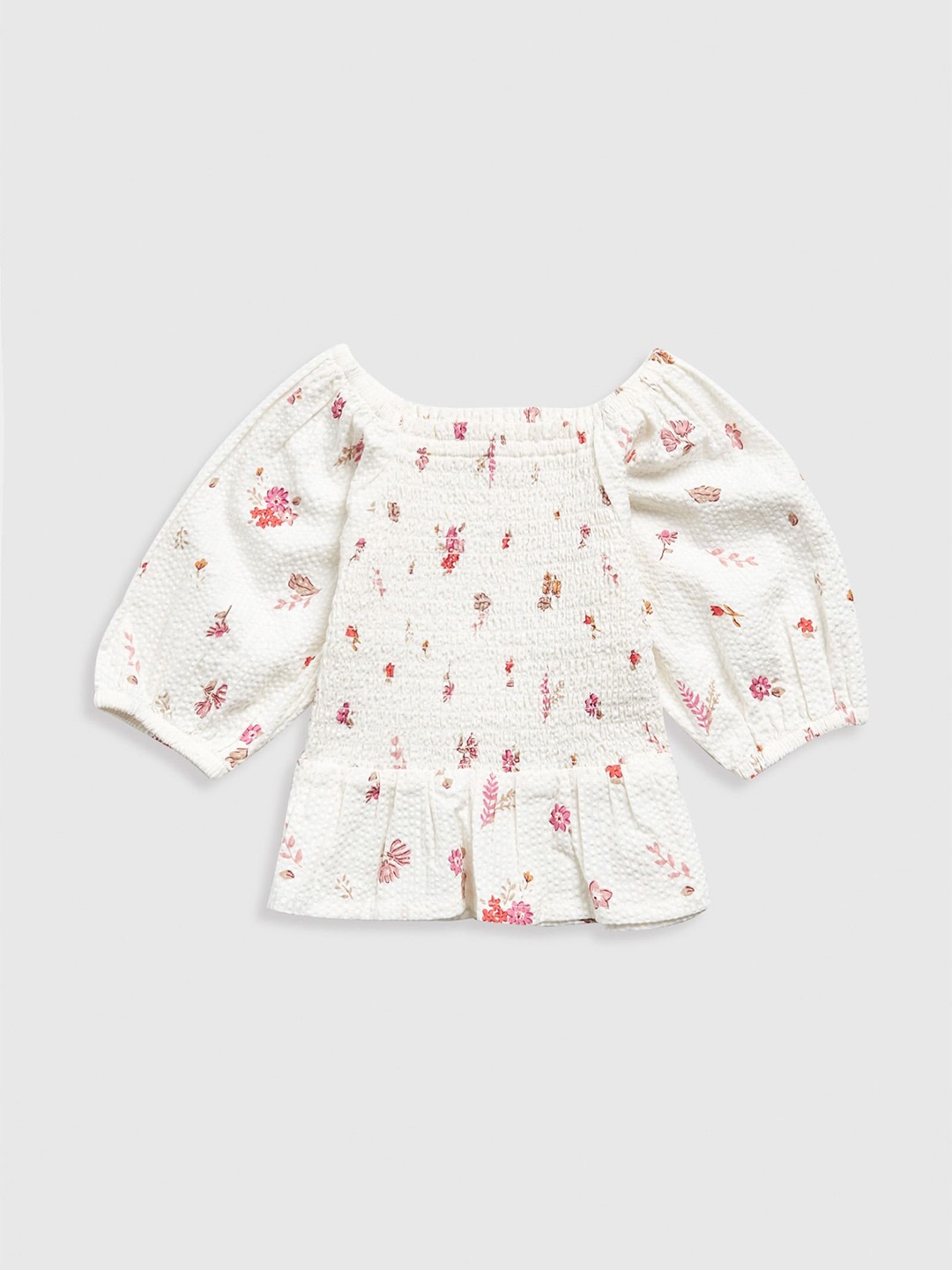

mothercare Girls Floral Printed Boat Neck Cotton Top, Off white