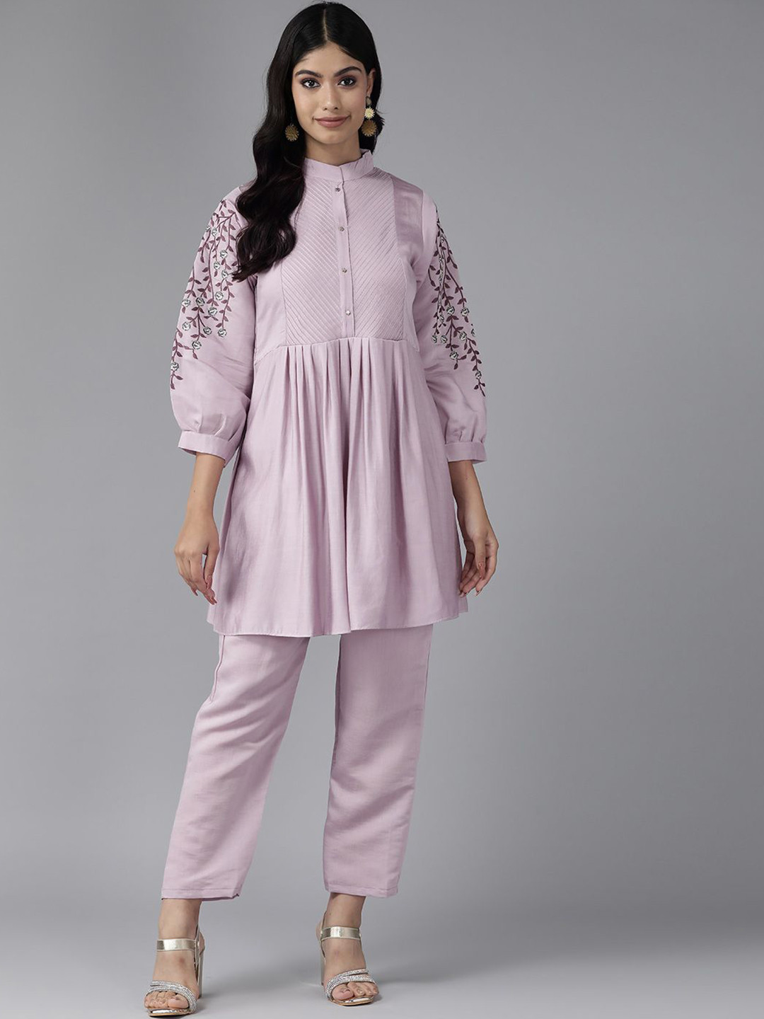 

BAESD Band Collar Puffed Sleeves Pure Silk A-Line Kurta with Trousers, Purple