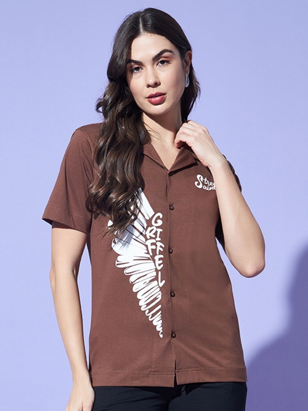 

GRIFFEL Women Printed Envelope Neck T-shirt, Coffee brown