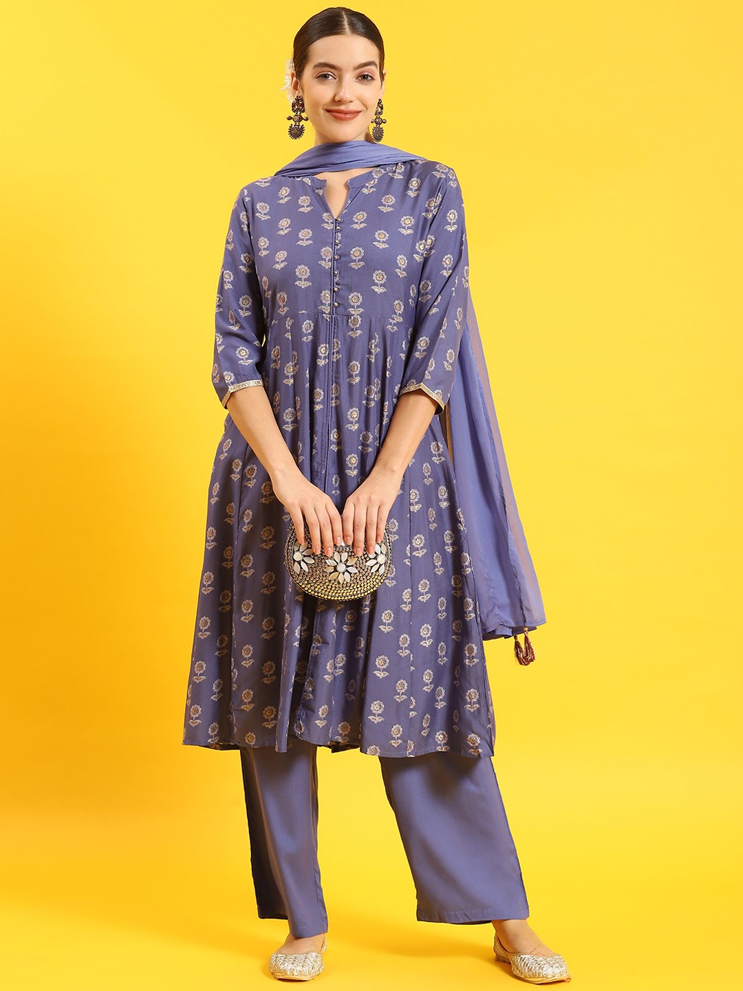 

Shree Floral Printed Mandarin Collar Panelled Anarkali Kurta With Trousers & Dupatta, Blue