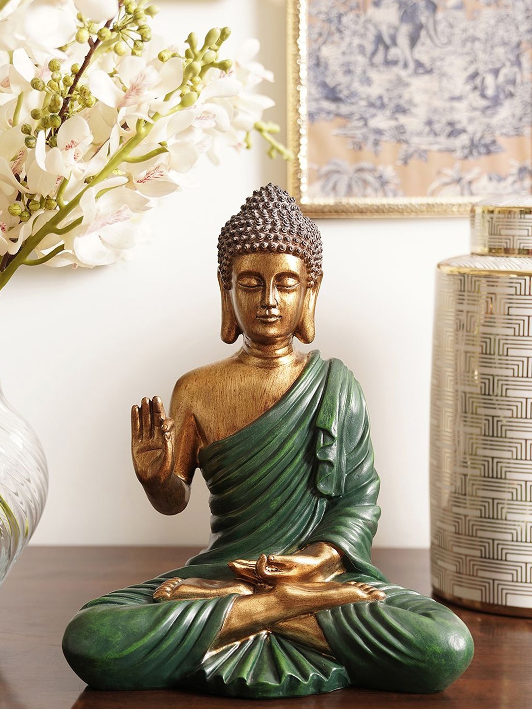 

Pure Home and Living Green & Gold Toned Buddha Idol Showpiece
