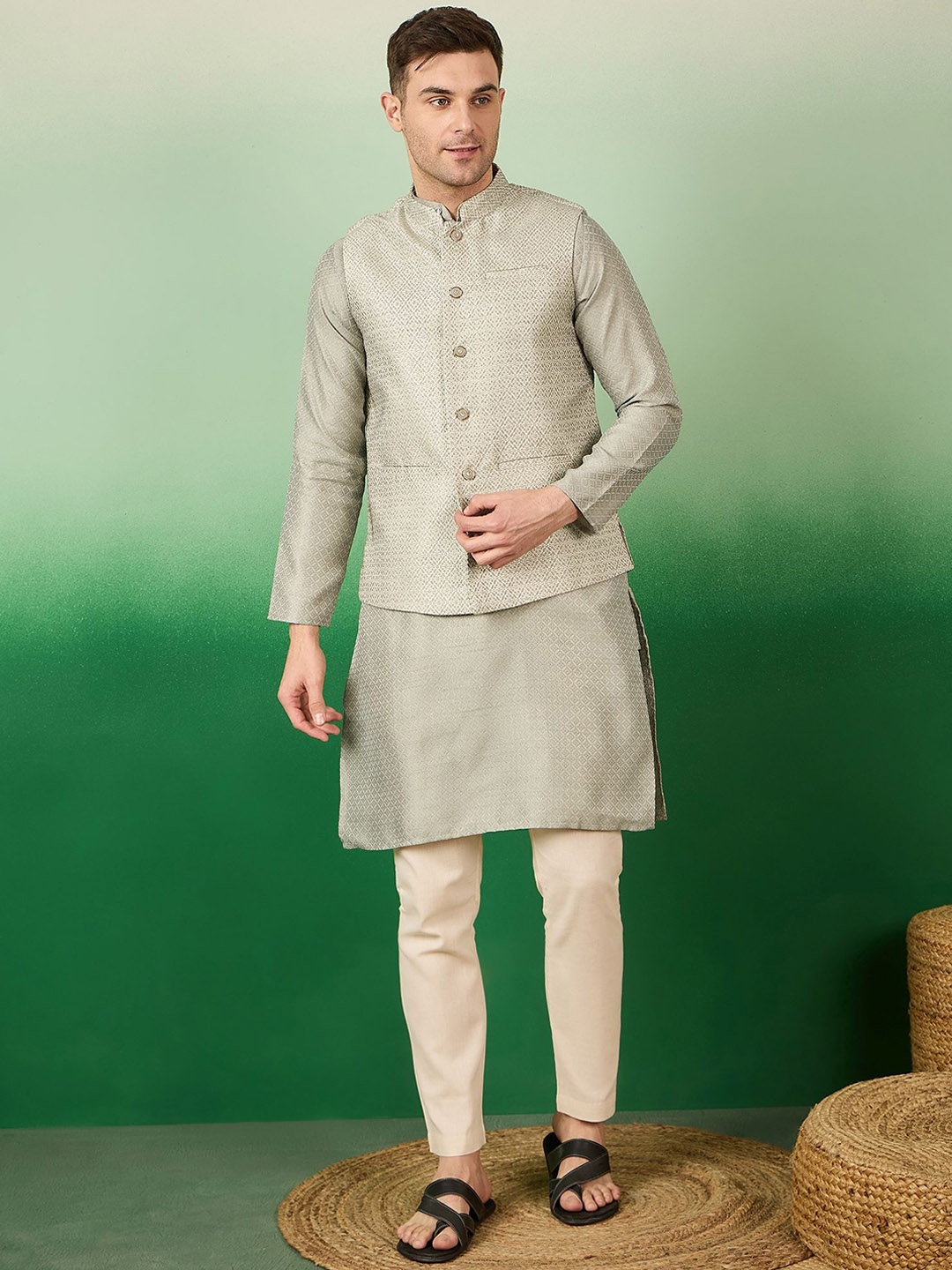 

Sangria Woven Design Zari Straight Kurta & Pyjama With Nehru Jacket, Grey