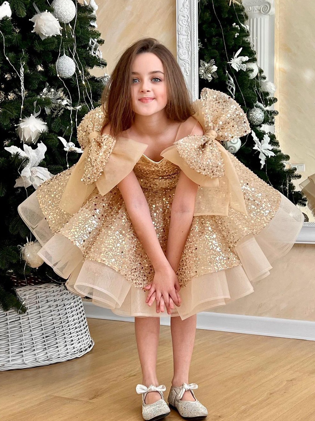 

First Little Smile Embroidered Net Balloon Dress, Gold