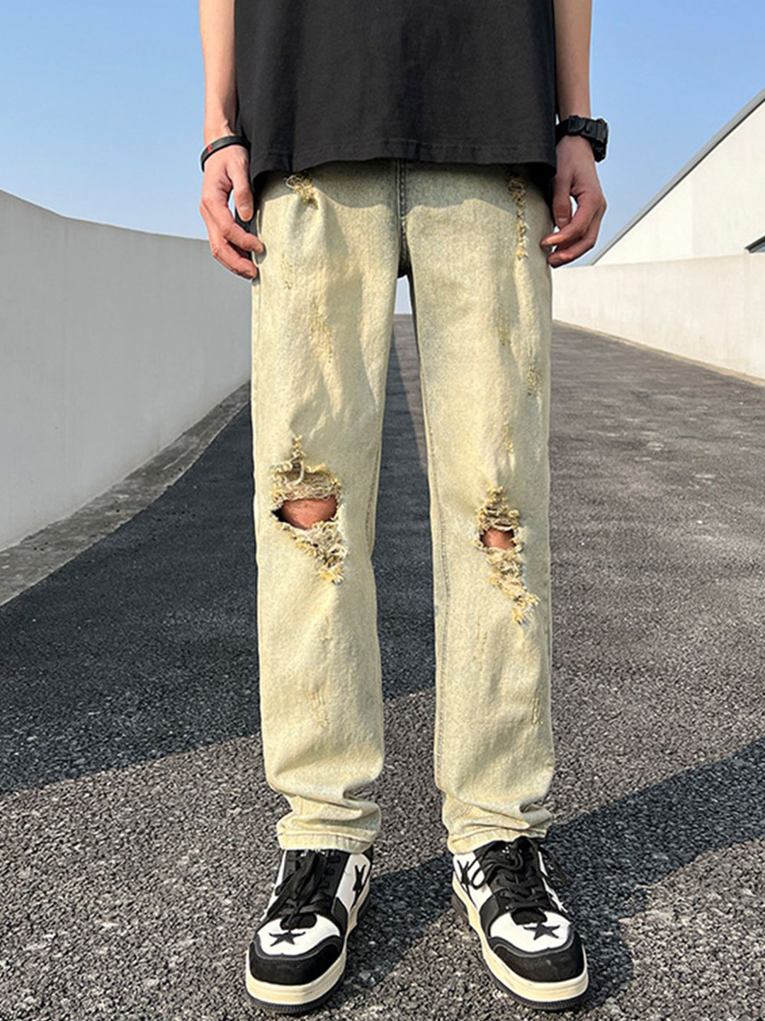 

StyleCast Men Slash Knee Heavy Fade Jeans, Cream