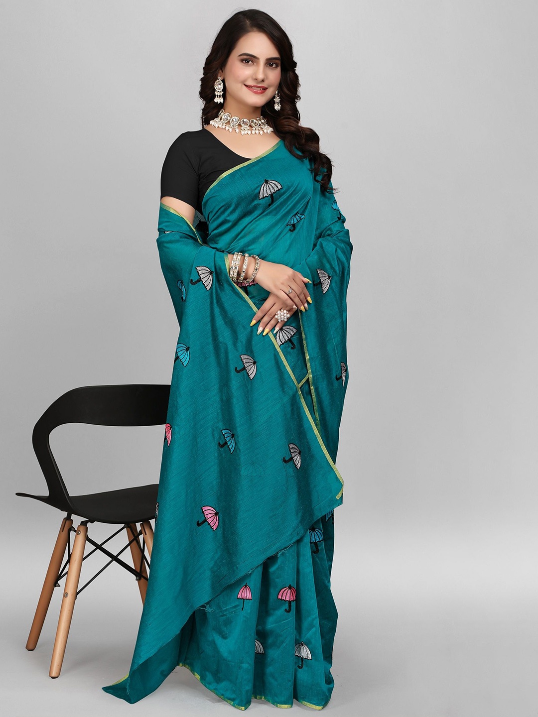 

Aika Abstract Embroidered Pure Cotton Chanderi Ready to Wear Saree, Teal