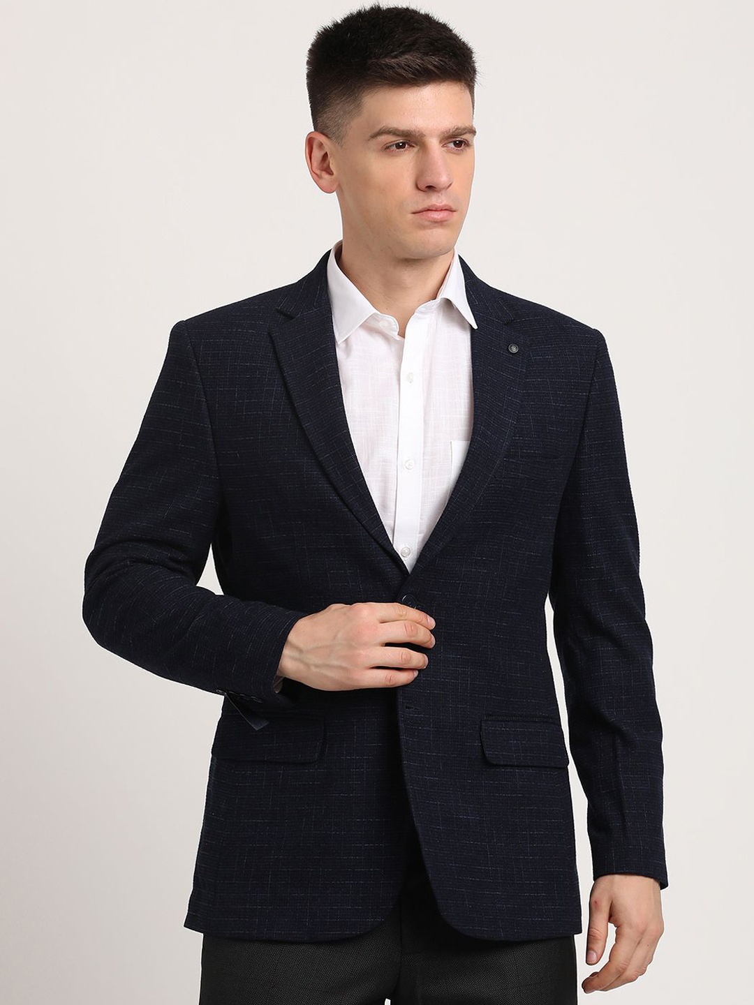 

Turtle Checked Notched Lapel Collar Single-Breasted Formal Blazer, Navy blue