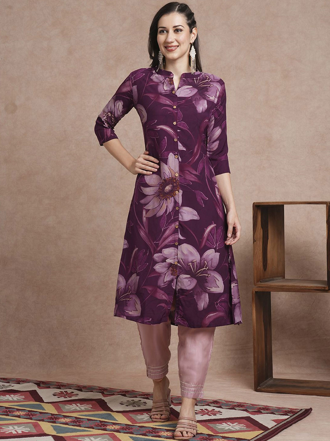 

FASHOR Floral Printed Mandarin Collar A-Line Kurta, Purple