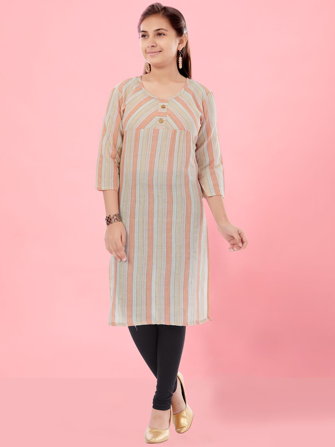 

BAESD Girls Striped Round Neck Regular Cotton Straight Kurta, Peach