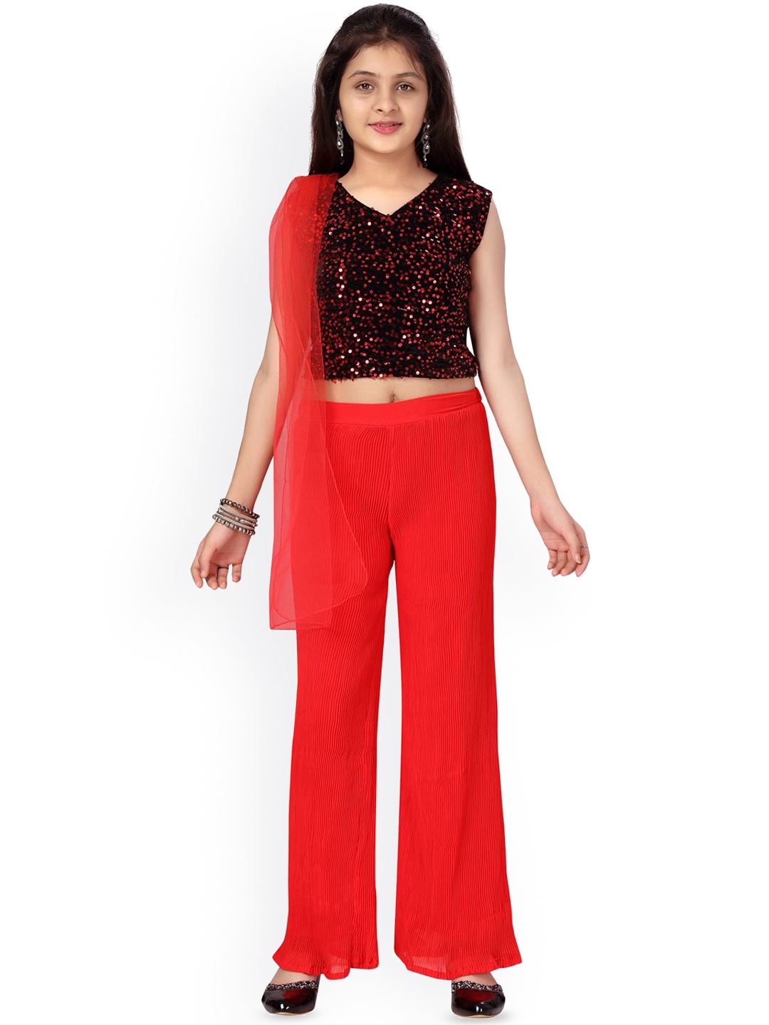 

BAESD Girls Embellished V-Neck Pure Silk Top With Palazzo & Dupatta, Red