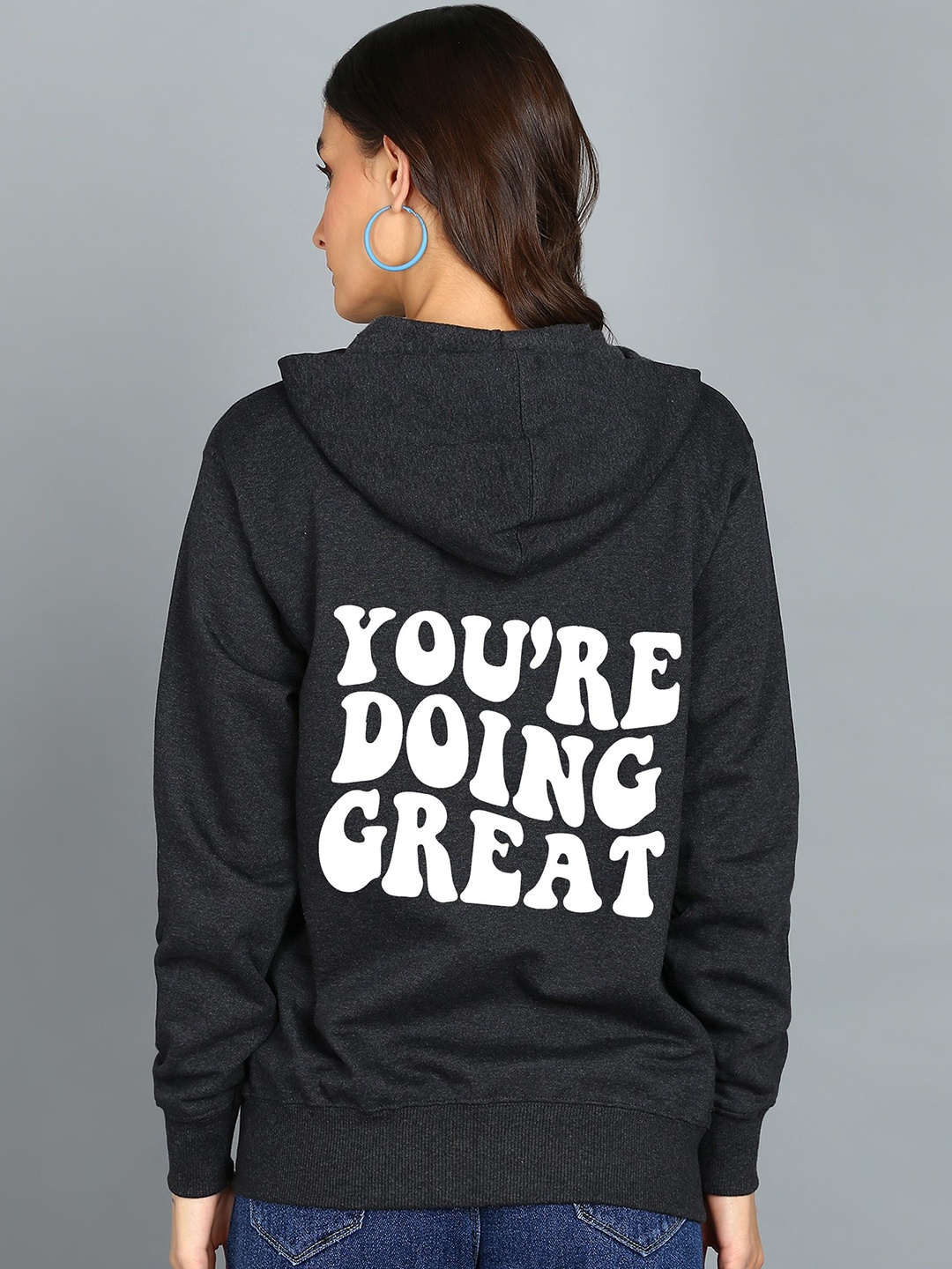 

FALTU.CO Women Printed Zip Detail Hooded Cotton Sweatshirt, Charcoal