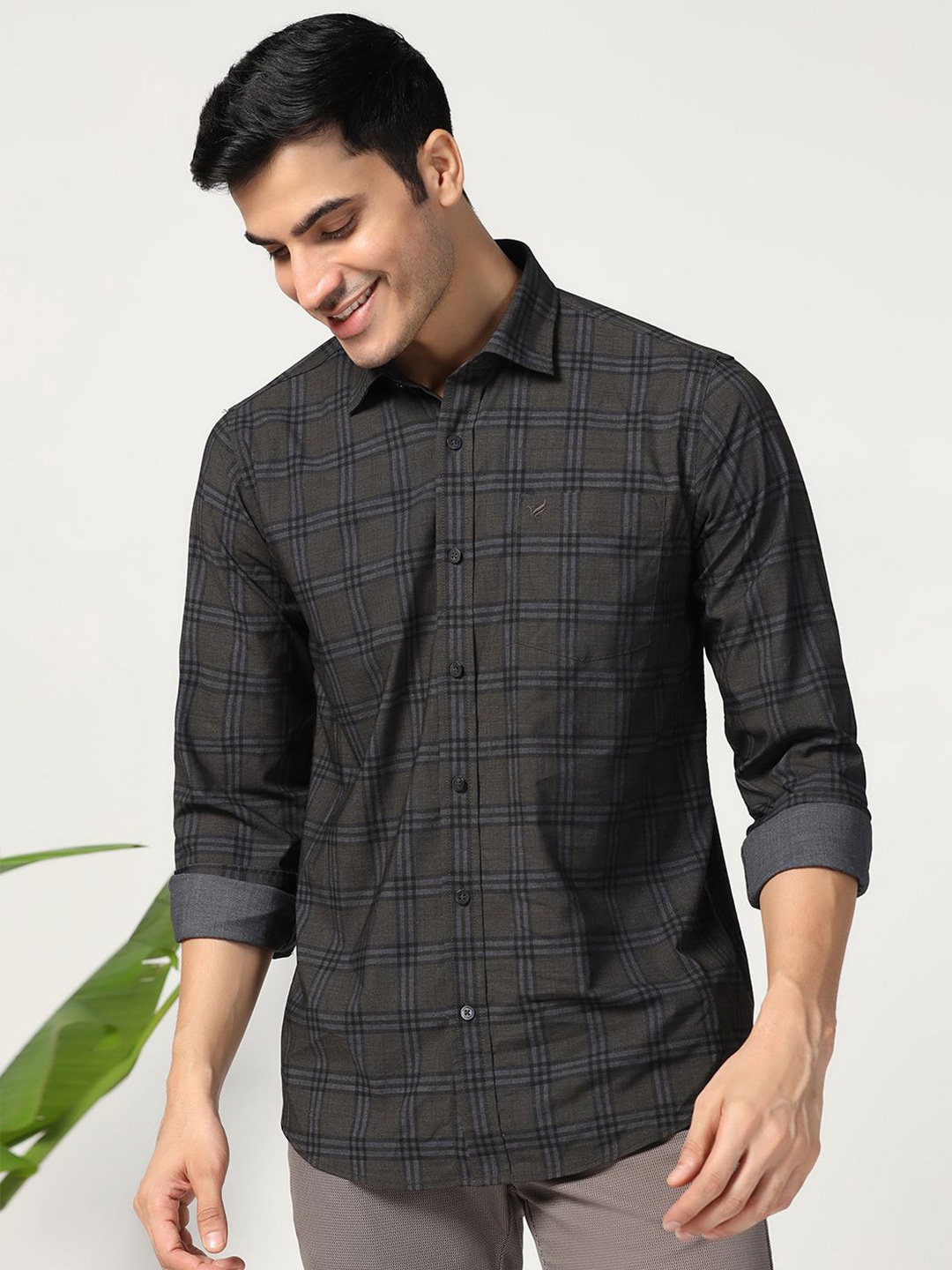 

Blackberrys Men India Spread Collar Tartan Checked Slim Fit Casual Shirt, Grey