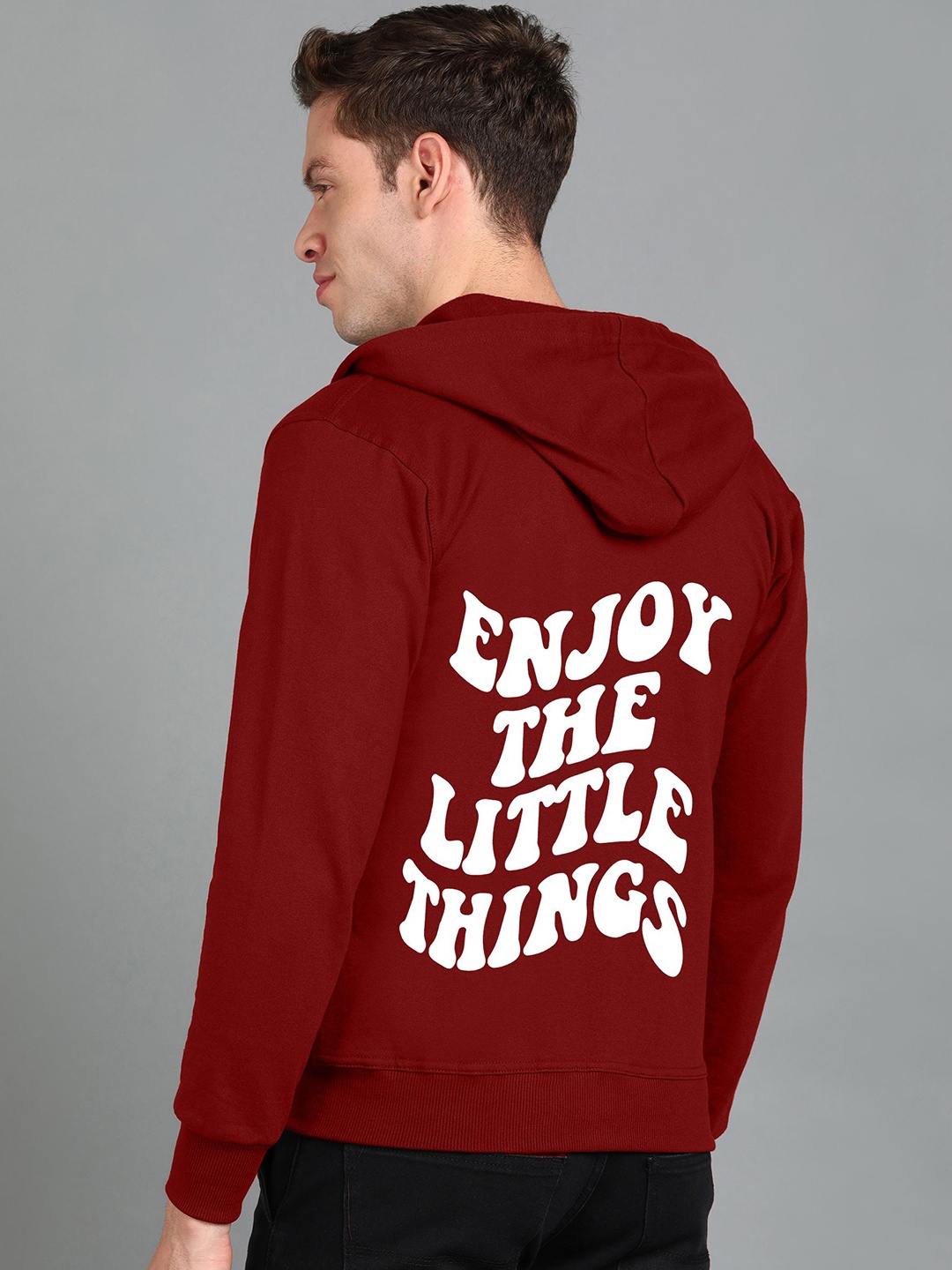 

FALTU.CO Men Typography Printed Hooded Ribbed Cotton Sweatshirt, Maroon