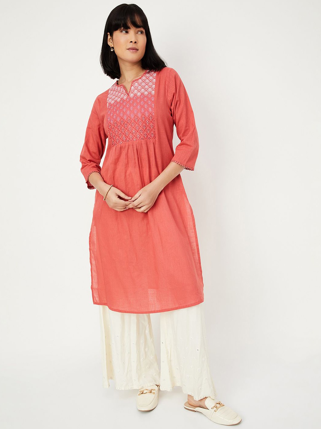 

max Embroidered Notch Neck Thread Work Straight Kurta, Orange