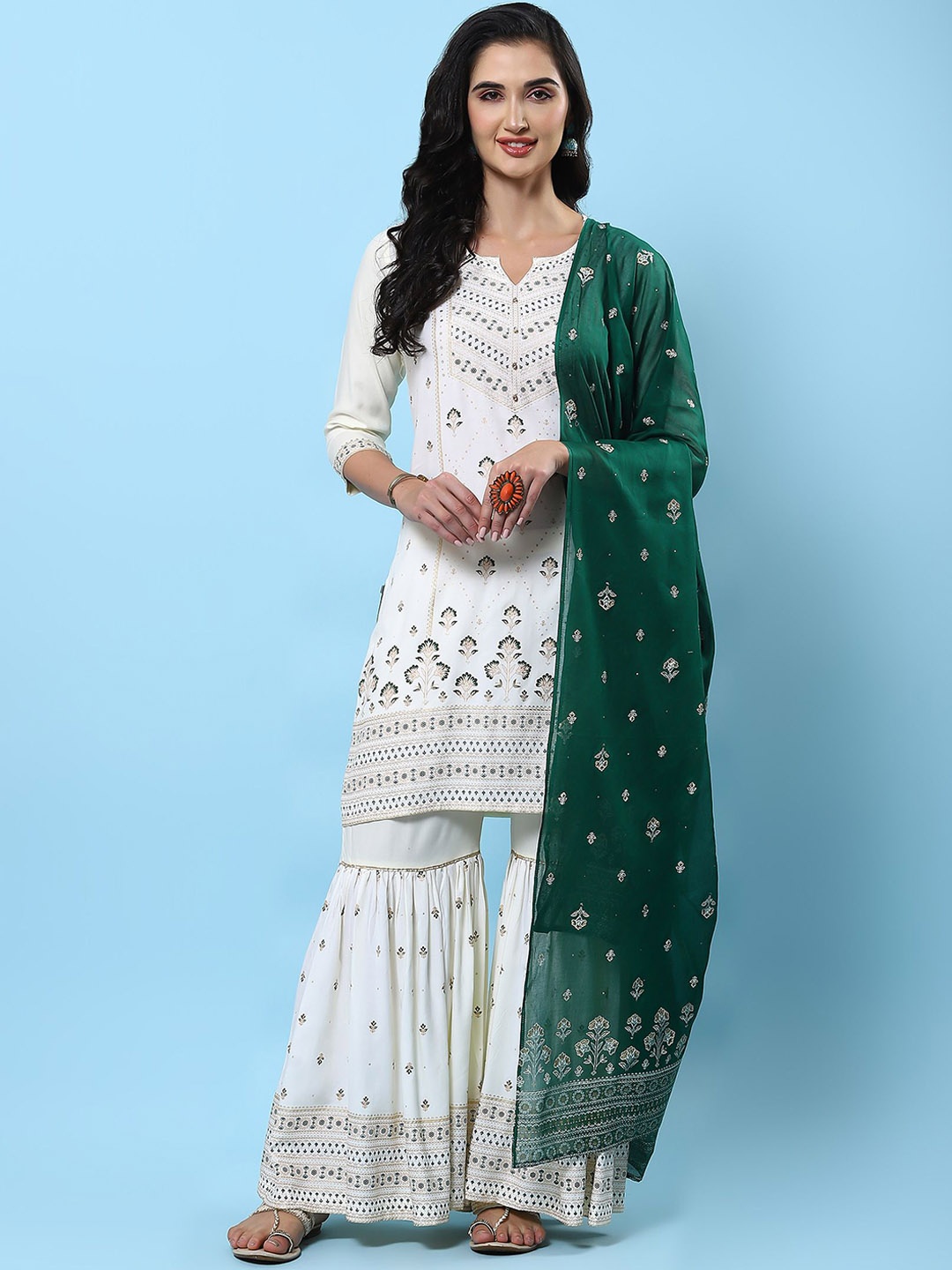 

Shree Floral Embroidered Notch Neck Thread Work Liva Straight Kurti With Sharara & Dupatta, Off white