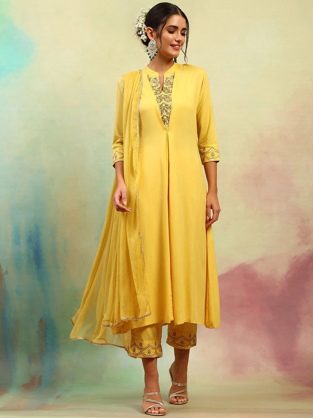 

Khushal K Floral Embroidered Thread Work A Line Kurta with Palazzos & Dupatta, Yellow