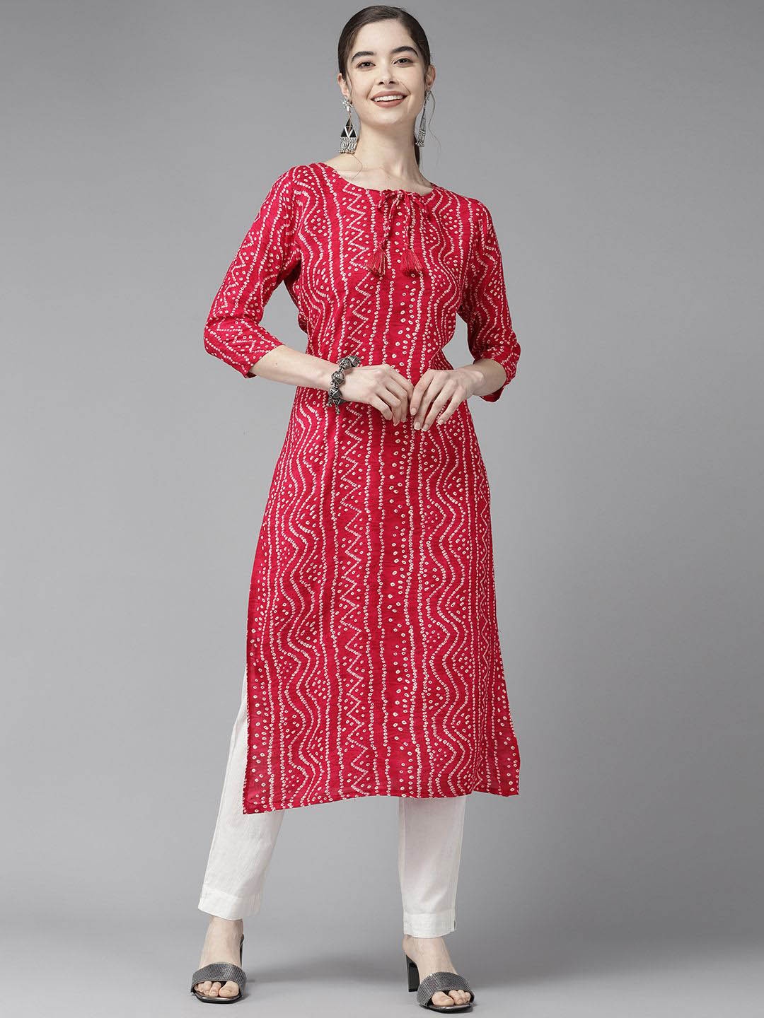

BAESD Bandhani Printed Tie Up Neck Straight Kurta, Pink