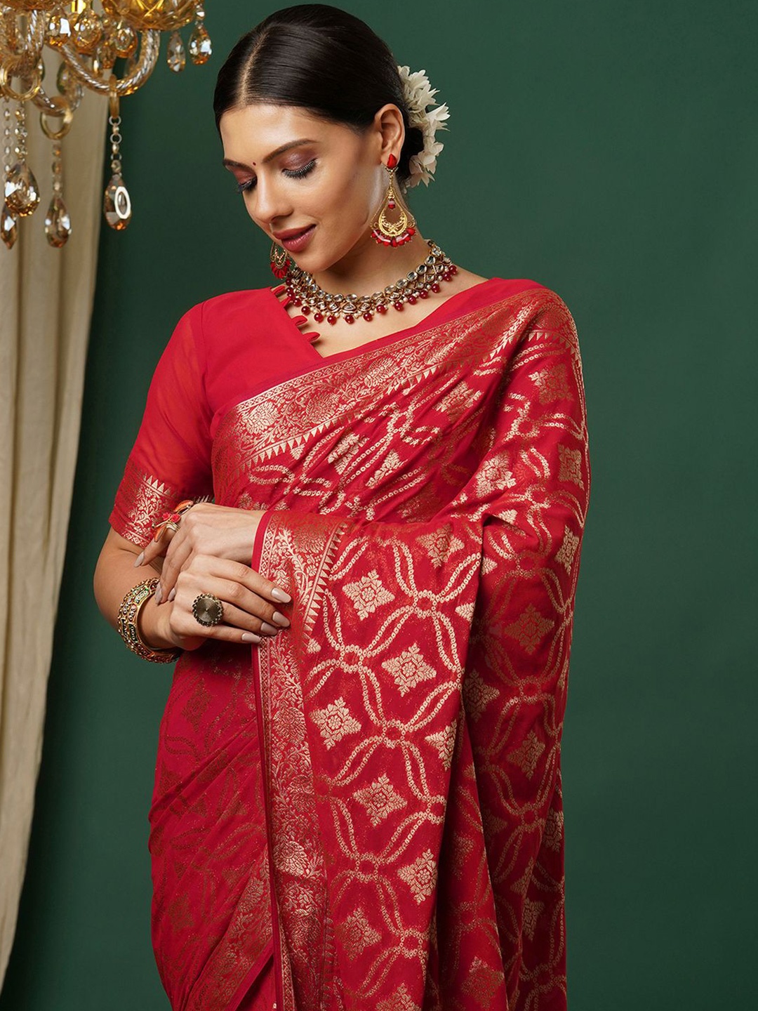 

Satrani Ethnic Motif Zari Woven Pure Georgette Banarasi Saree, Red