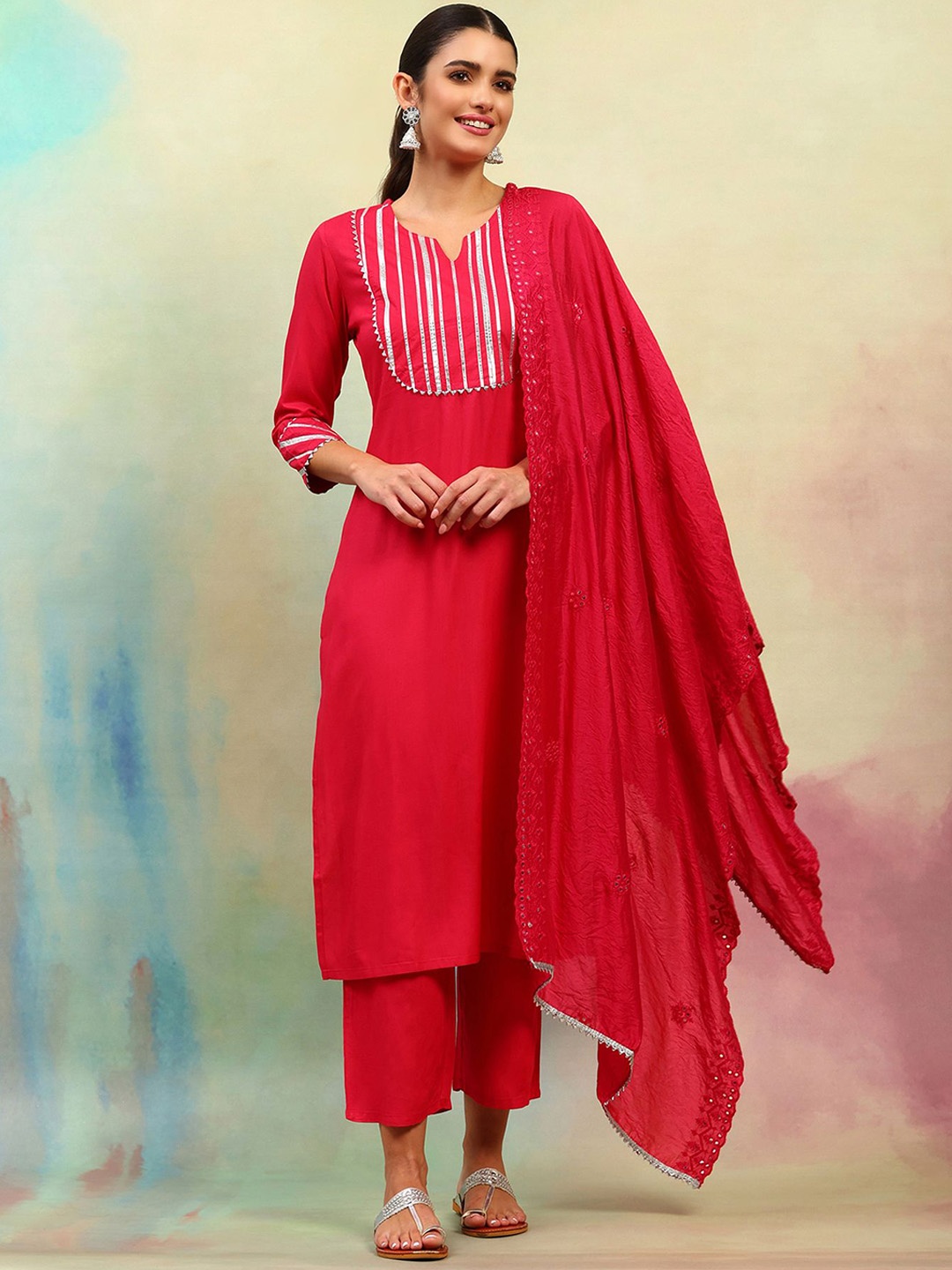 

Khushal K Yoke Design Gotta Patti Notch Neck Straight Kurta with Palazzos & Dupatta, Pink