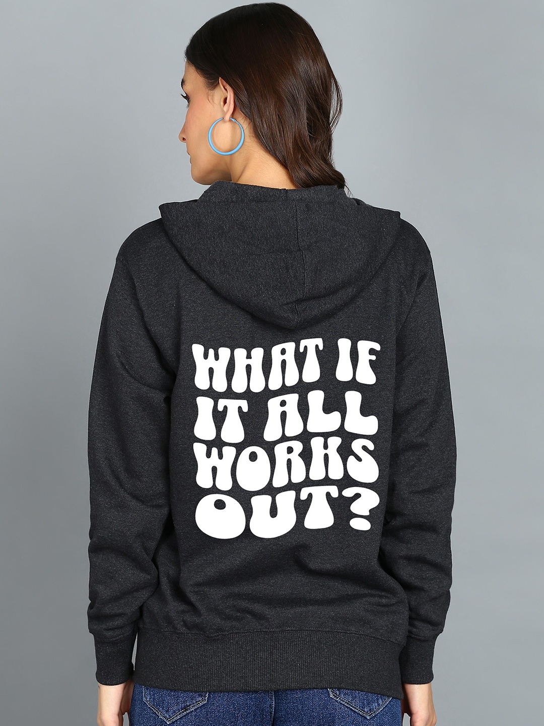 

FALTU.CO Women Typography Printed Hooded Ribbed Cotton Sweatshirt, Charcoal