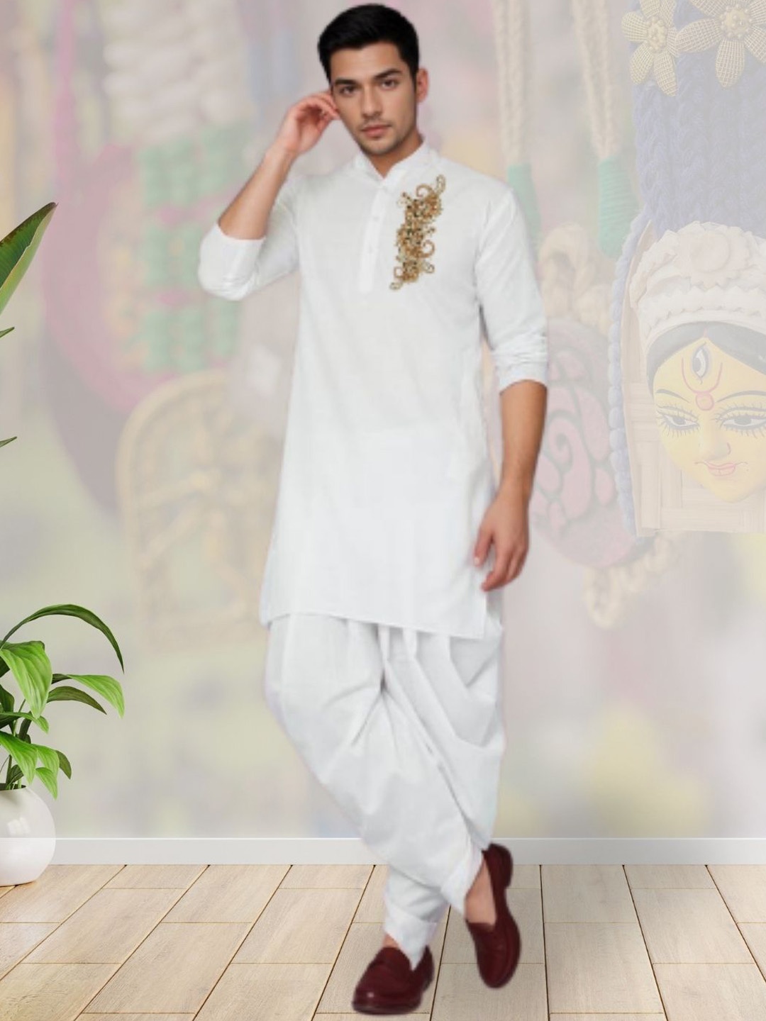 

DEVOILER Paisley Printed Mandarin Collar Cotton Straight Kurta, White