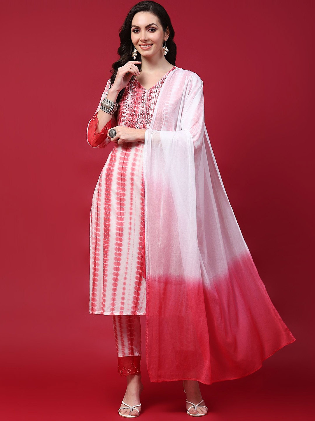 

Shree Abstract Printed Thread Work Straight Kurta With Trousers & Dupatta, Pink