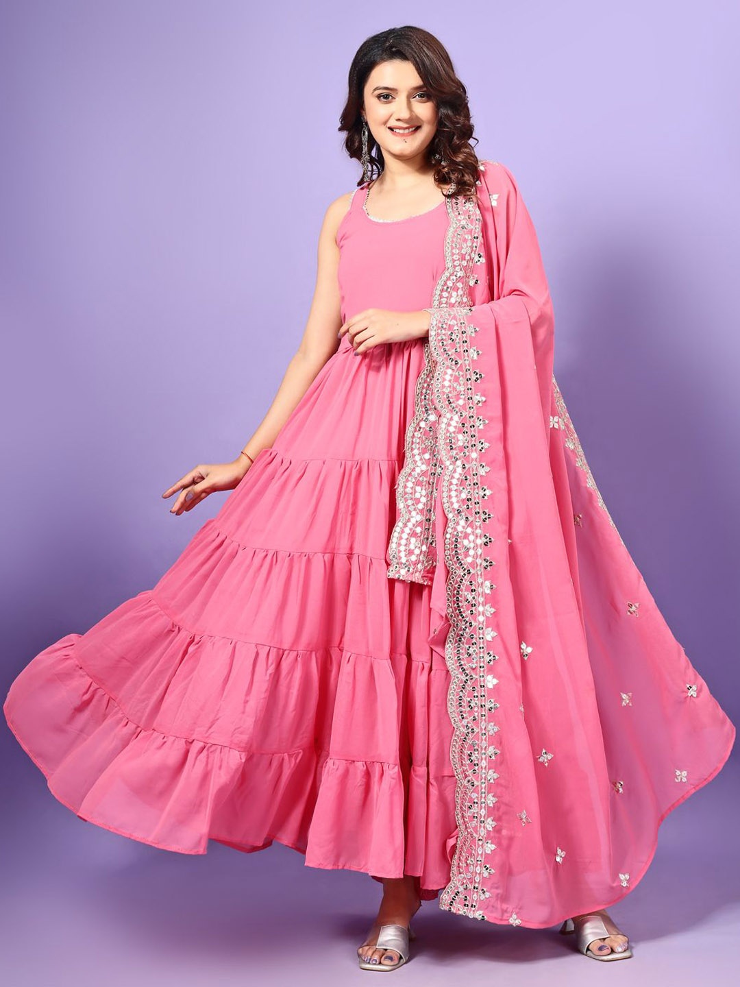 

KALINI Gotta Patti Sleeveless Tiered Georgette Anarkali Kurta With Dupatta, Pink