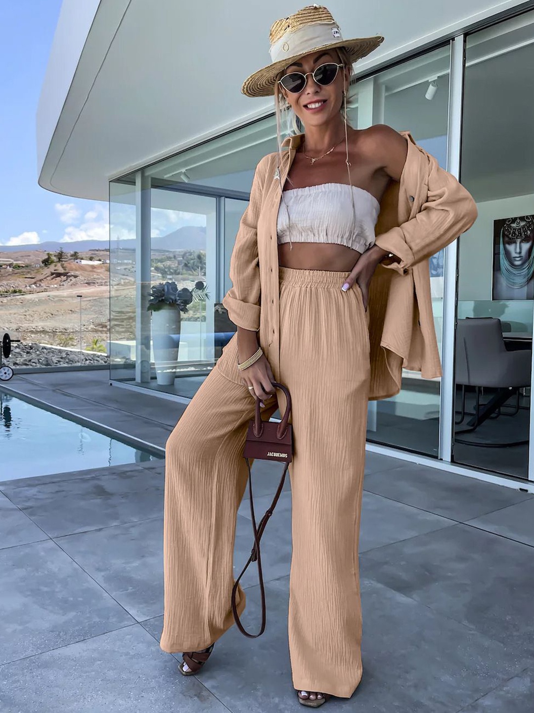 

MIAKEE Women Solid Shirt with Trousers, Nude