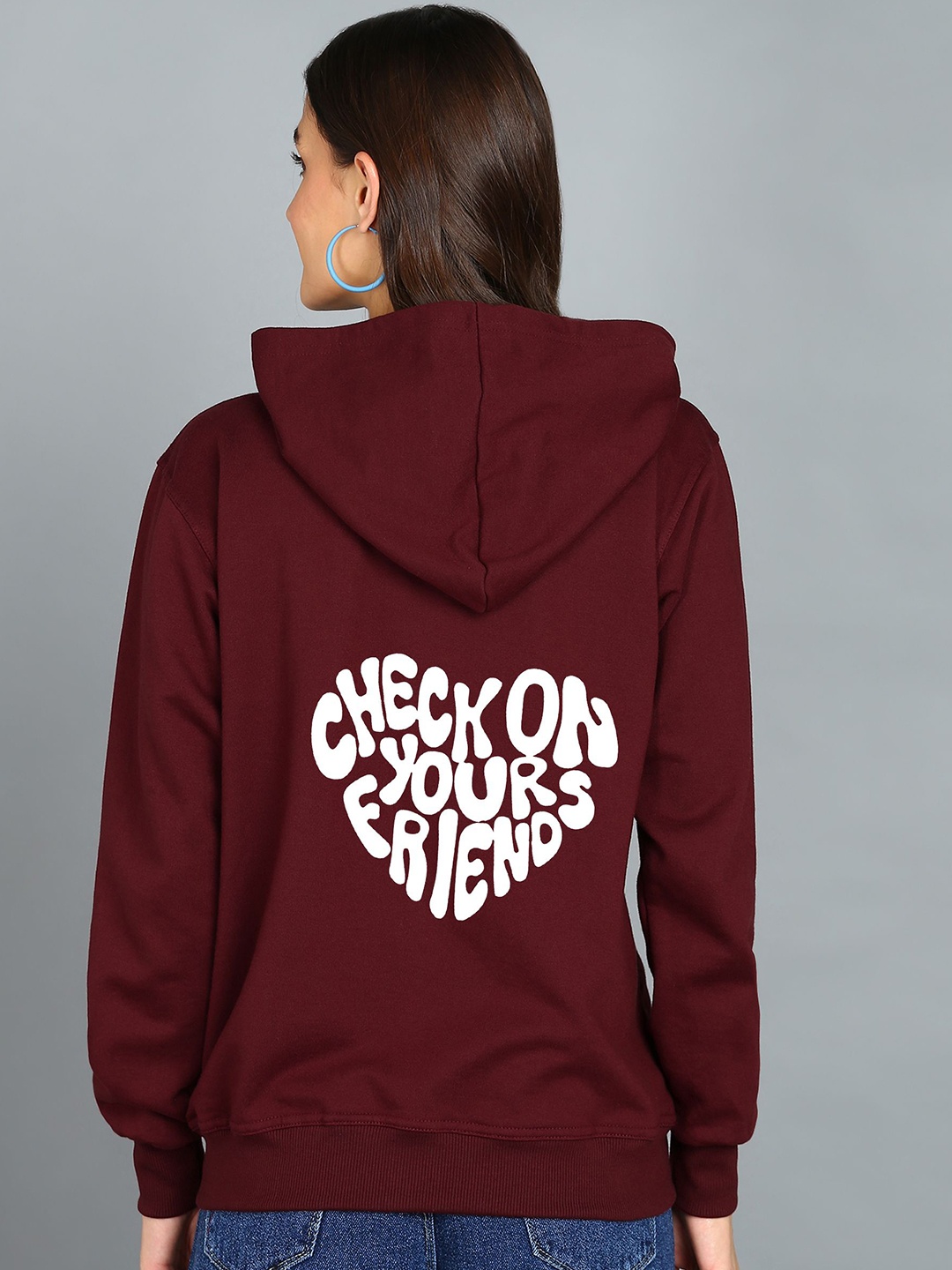 

FALTU.CO Women Printed Zip Detail Hooded Cotton Sweatshirt, Maroon