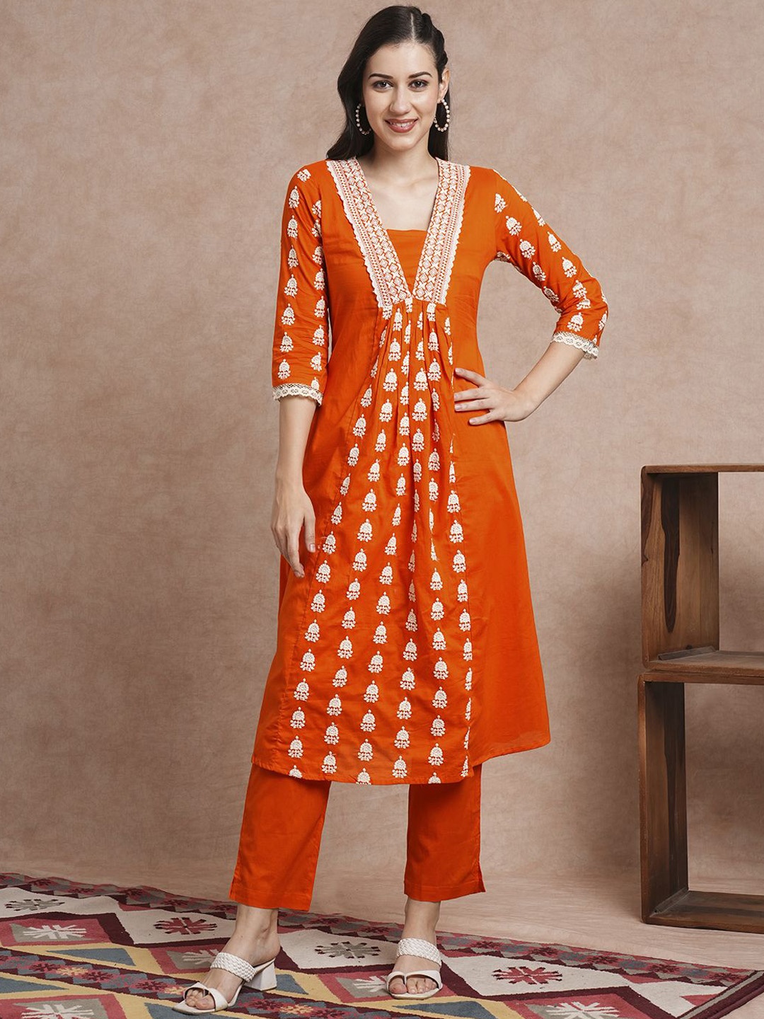 

FASHOR Embroidered Pure Cotton Tunic with Trousers, Orange