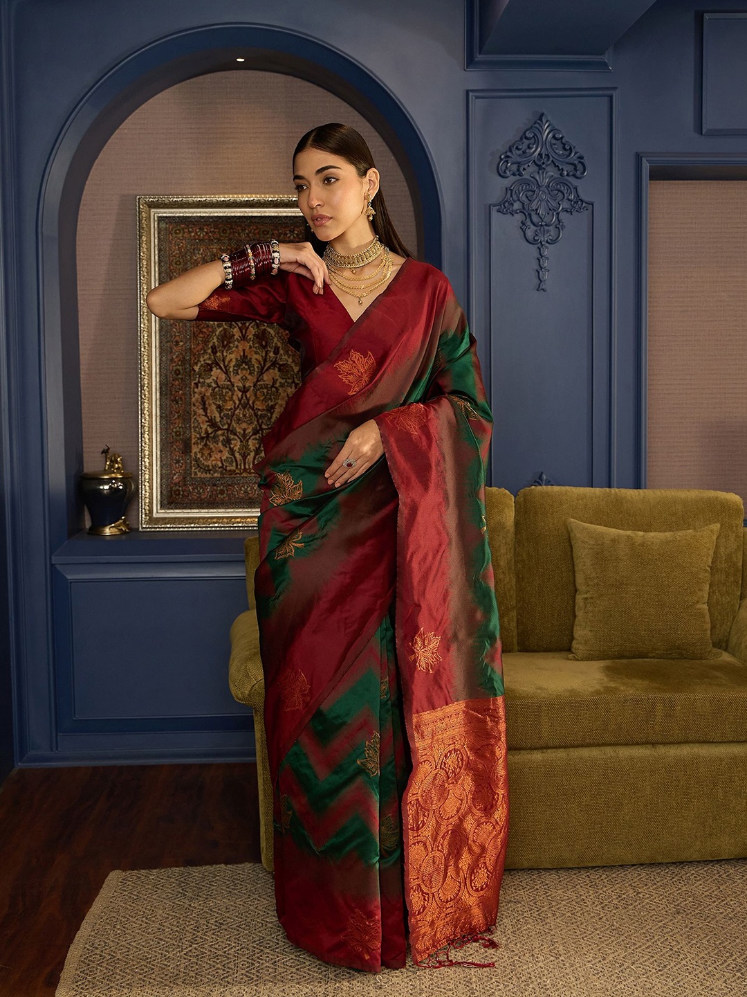 

Sangria Ethnic Motifs Woven Design Banarasi Saree With Unstitched Blouse, Green
