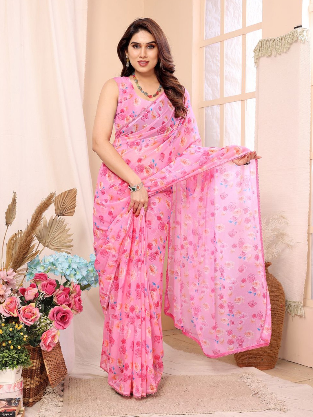 

Sidhidata Floral Pure Georgette Ready to Wear Saree, Pink