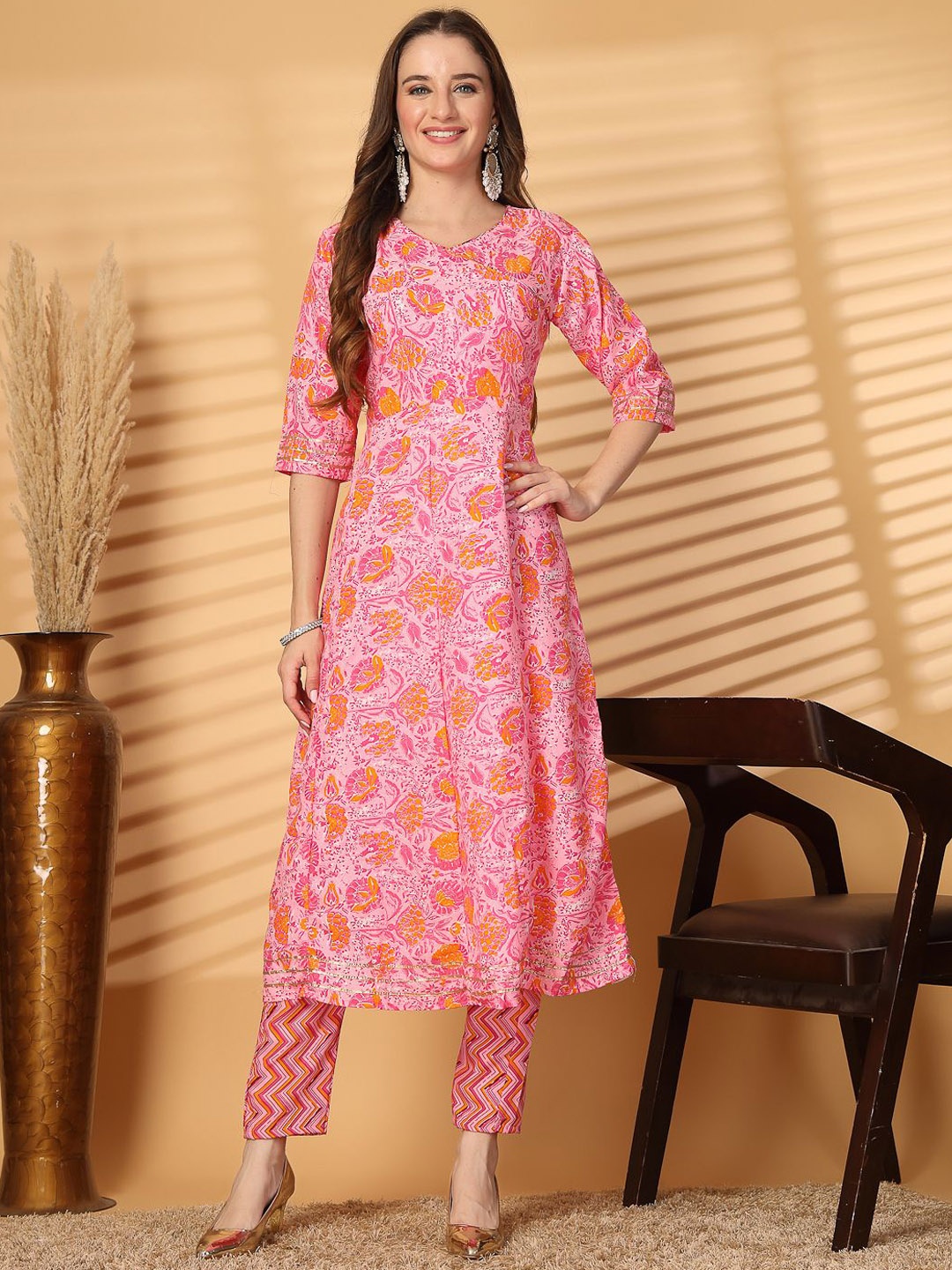 

Piludi Floral Printed Angrakha A-Line Kurta with Trousers & Dupatta, Pink