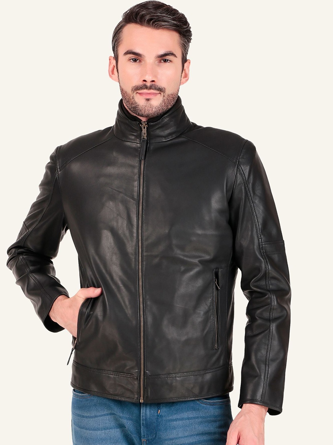 

Leather Retail Men Solid Leather Biker Jacket, Black