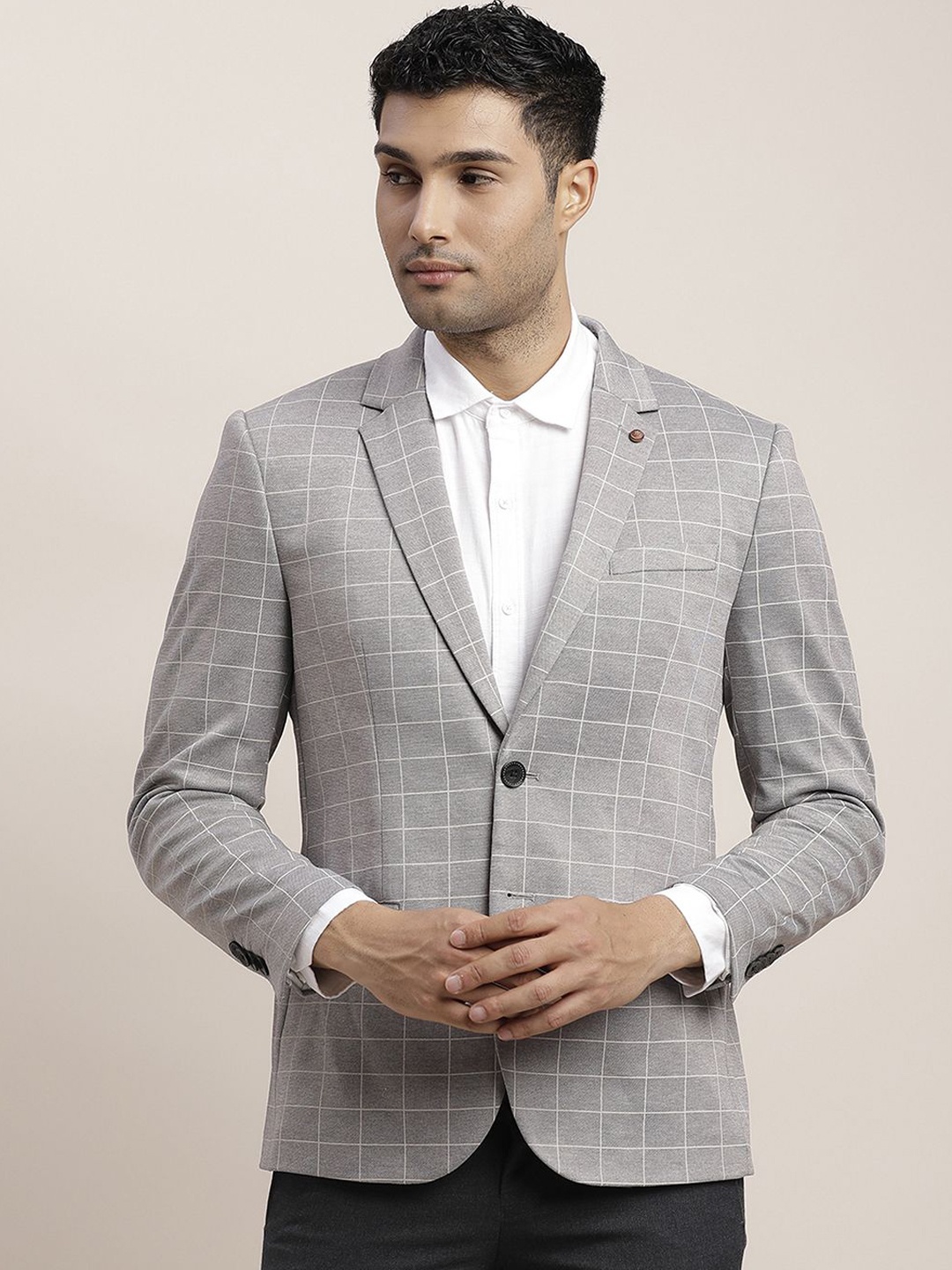 

Turtle Checked Single-Breasted Casual Blazer, Grey melange