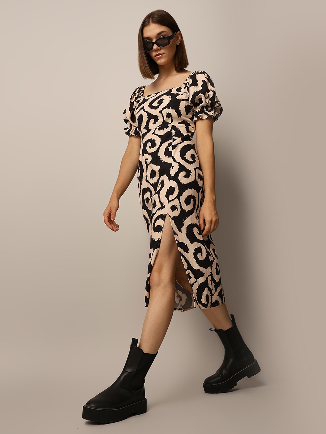 

ONLY Print Puff Sleeve Fit & Flare Midi Dress, Beige