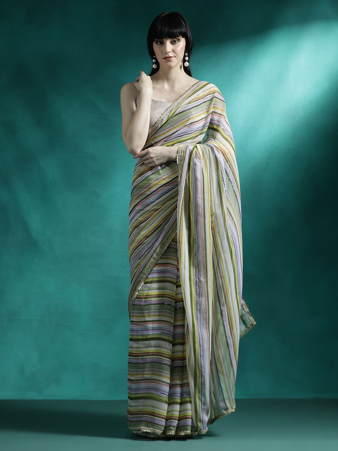 

Sangria Striped Printed & Embroidered Saree With Blouse, Olive